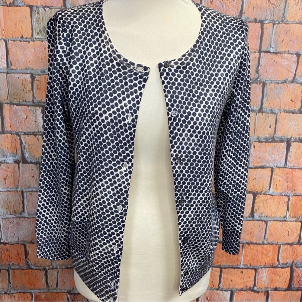 J. Crew Gray and White Polka Dot Merino Wool Cardigan Sweater